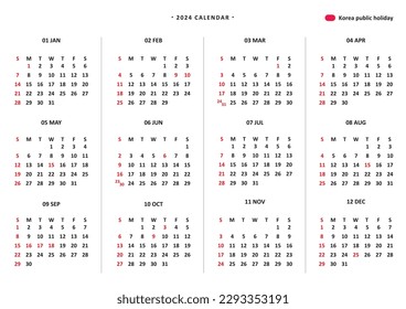 2024 korea calendar with public holiday. Year planner. 2024 Schedule. A4 ready print business calendar.