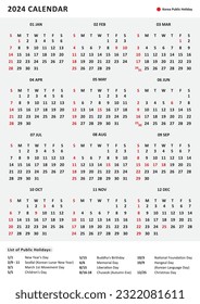 Calendario coreano 2024 con feriado público. Lista de feriados públicos de Corea. Calendario mensual de Hankuk. Vacaciones coreanas. A4, A3 tamaño korea imprimible plantilla de calendario mensual simple. Impresión lista. Uso comercial.