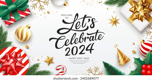 2024 Let's celebrate Happy new year ornaments, greeting card banner design isolated on white background, Eps 10 vector illustration
