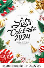 2024 Let's celebrate Happy new year ornaments, greeting card poster flyer design isolated on white background, Eps 10 vector illustration
