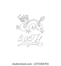 2024 Lettering Chinese Dragon New Year, eastern calendar continuous line drawing, calligraphy, isolated vector illustration, tattoo, print, logo design, silhouette single line on white background. 