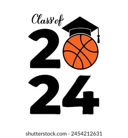Сlass of 2024 lettering with graduation hat and basketball ball. Congratulations to graduates typography poster.  Vector template for greeting card, banner, sticker, shirt, etc