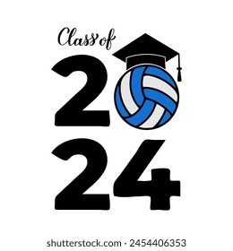 Сlass of 2024 lettering with graduation hat and volleyball ball. Congratulations to graduates typography poster.  Vector template for greeting card, banner, sticker, shirt, etc