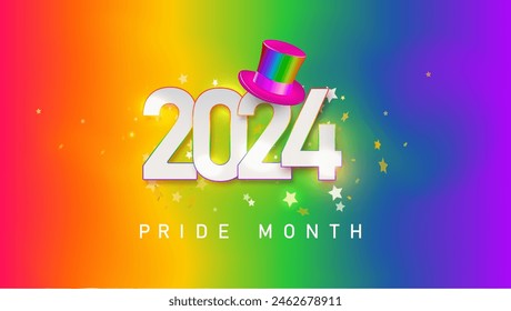 2024 LGBTQ Pride Month. Pride text label on blurred rainbow background. Human rights or diversity concept. LGBT event banner design template.