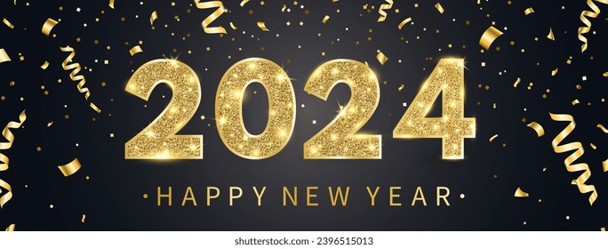 2024 light glitter number and golden confetti. Happy New Year greeting card. Merry Christmas border with text and decor. Congratulation party banner. Gold and black celebration. Vector illustration.