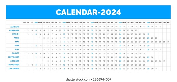 Calendario lineal de 2024. Calendario lineal horizontal de escritorio para 2024 año. plantilla de calendario anual de empresa. Cuadrícula de programación anual con 12 meses. Horizontal, orientación horizontal.