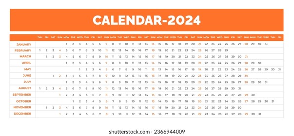 2024 linear calendar. Linear horizontal planner desktop calendar for 2024 year. corporate business Yearly calendar template. Annual schedule grid with 12 months. Horizontal, landscape orientation.