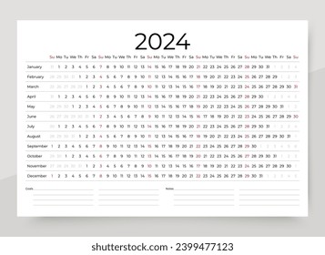 Calendario lineal de 2024. Planificador horizontal para el año. Plantilla de calendario anual. La semana comienza el domingo. Cuadrícula de programación anual con 12 meses. Diseño sencillo. Orientación horizontal, inglés. Ilustración del vector