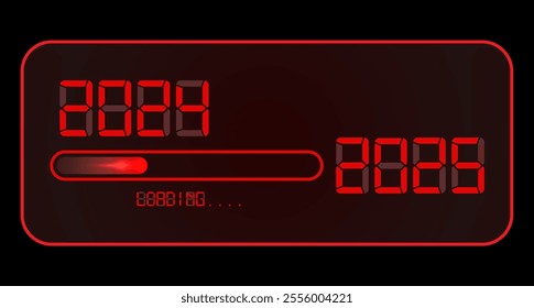 2024 loading to up 2025. Red led neon digital time style. 2025 Happy new year digital clock. Progress bar almost reaching new year eve. Vector illustration, red display isolated or black background