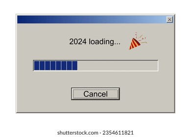 Mensaje de notificación de carga de 2024 en estilo retro clásico de la ilustración vectorial de la interfaz de usuario del sistema. Barra de descarga y botones retro, simulación de diseño de ventanas con progreso de envío de vacaciones de Año Nuevo.