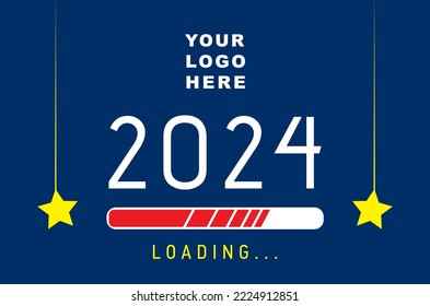 2024 LOADING ON DARK BLUE BACKGROUND WITH YELLOW STARS HANGING AND YOUR LOGO HERE COPY SPACE