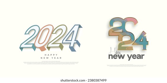 2024 logo design with happy colored flat and 3d numbers welcoming the new year 2024. two sets of 2024 new year numbers.