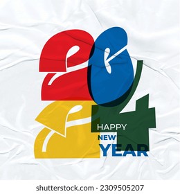 2024 logo Happy New Year with retro typography concept. 2024 Christmas New Year celebration concept vector for banner, calendar, flyer, poster, social media post template. Сrumpled wet paper texture.