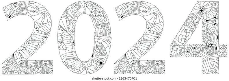 2024 logo text design for coloring. Design template Celebration typography poster, banner or greeting card for Happy new year.