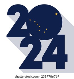 2024 long shadow banner with Alaska state flag inside. Vector illustration.