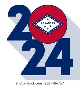 2024 long shadow banner with Arkansas state flag inside. Vector illustration.