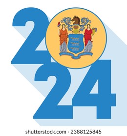 2024 langer Schattenbanner mit der New Jersey-Staatsflagge im Inneren. Vektorgrafik.