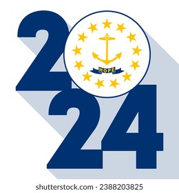 2024 long shadow banner with Rhode Island state flag inside. Vector illustration.