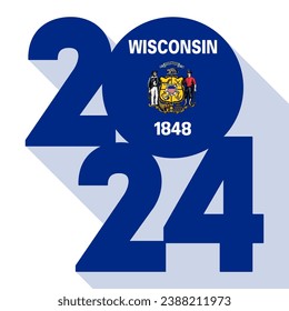 2024 long shadow banner with Wisconsin state flag inside. Vector illustration.