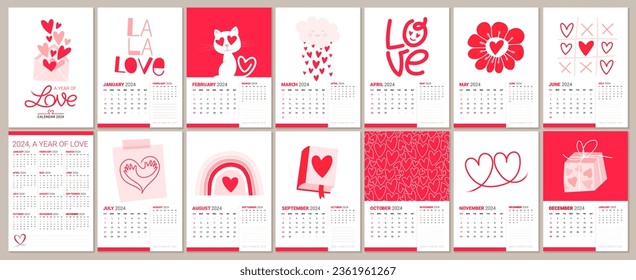 2024 Love Calendar Design: Bright, Creative and Colorful Templates for Monthly and Annual Planning. Sunday Start. Cute and Useful Planner for 2024 year