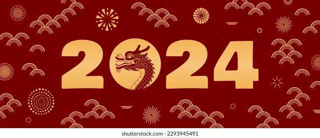 2024 Lunar New Year Chinese dragon silhouette, fireworks, abstract elements. Vector illustration. Line art. Asian style design. Concept for traditional holiday card, banner, poster, decor element