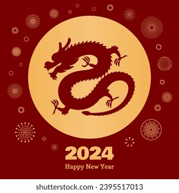 2024 Lunar New Year Chinese dragon silhouette, fireworks, text Happy New Year, gold on red. Vector illustration. Flat Asian style design. Concept for holiday card, banner, poster, decor element