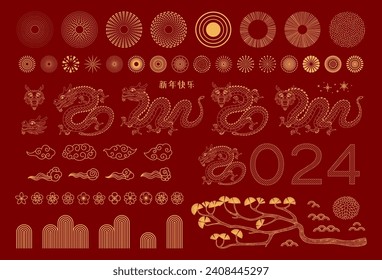 Colección de Año Nuevo Lunar 2024, dragón, fuegos artificiales, elementos de diseño abstracto, flores, nubes, pino, oro sobre rojo. Texto chino Feliz Año Nuevo. Ilustración vectorial de arte de línea. Tarjeta CNY, cliente de banner