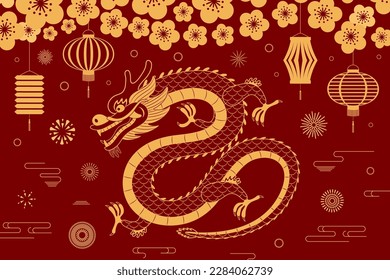 2024 Lunar New Year dragon, fireworks, lanterns, plum blossoms, Chinese text Happy New Year. Vector illustration. Line art. Asian style design. Concept for holiday card, banner, poster, decor element