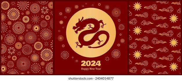 2024 Lunar New Year dragon poster, banner collection with fireworks, clouds, patterns, Chinese text Happy New Year, gold on red. Holiday card design. Hand drawn vector illustration. Flat style