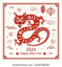 2024 Lunar New Year paper cut dragon silhouette, flowers, clouds, Chinese text Happy New Year, red on white. Vector illustration. Flat style design. Concept holiday card, banner, poster, decor element