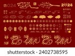 2024 Lunar New Year set, dragons, fireworks, abstract design elements, flowers, clouds, lanterns, gold red. Chinese text Happy New Year, Dragon. Line art vector illustration. CNY card, banner clipart