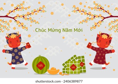 2024 Lunar New Year Tet cute dragons, rice cakes, watermelon, gold, apricot blossoms, Vietnamese text Happy New Year. Hand drawn vector illustration. Flat style design. Holiday card, banner concept