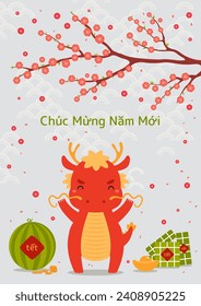 2024 Lunar New Year Tet cute dragon, rice cakes, watermelon, gold, peach blossoms, Vietnamese text Happy New Year. Hand drawn vector illustration. Flat style design. Holiday card, banner concept