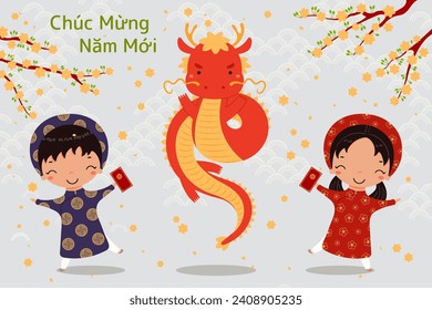 2024 Nochevieja lunar niños lindos en ao dai, dragón, sobre rojo, flores de albaricoque, texto vietnamita Feliz Año Nuevo. Ilustración vectorial dibujada a mano. Diseño de estilo plano. Tarjeta de vacaciones, concepto de banner