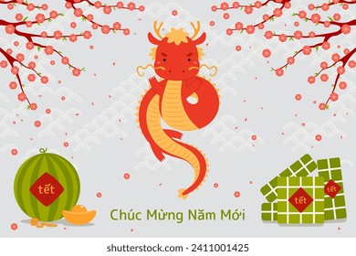 2024 Lunar New Year Tet cute dragon, rice cakes, watermelon, gold, peach blossoms, Vietnamese text Happy New Year. Hand drawn vector illustration. Flat style design. Holiday card, banner concept