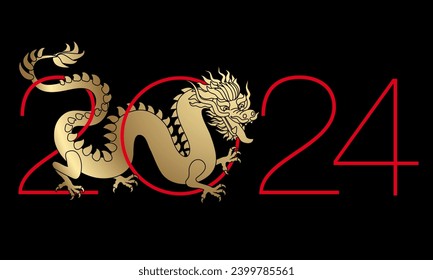2024 - Map for the Chinese New Year of the Dragon, with the golden animal intertwined in the figures.