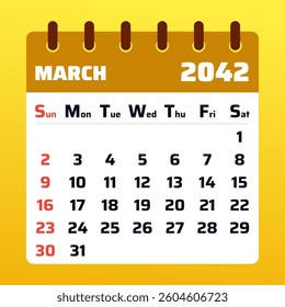 2024 March Calendar Design. Vector Template for March 2042 Planner. March 2042 Monthly Layout. Flat and Clean Calendar Illustration. Vector Art