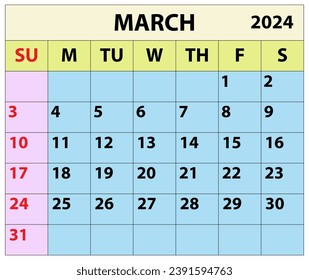 2024 March month calendar Color vector illustrator calendar design. 