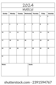 2024 March planner. calendar planner. simple minimal calendar. vector illustration. Daily Planner Design 2024. Life and Business Planner Organizer Schedule.