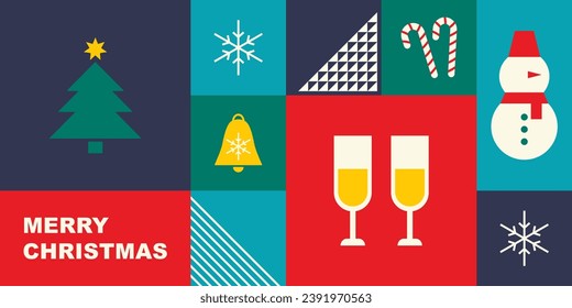 2024 Merry Christmas banner. Composition with Christmas elements for postcard, poster, holiday cover in modern style.