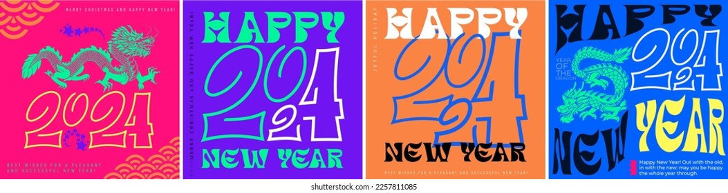 2024 Merry Christmas and Happy New Year Set of greeting cards, posters, holiday covers. Xmas templates with calligraphy and season wishes in modern vector minimalist style for web, social media, print