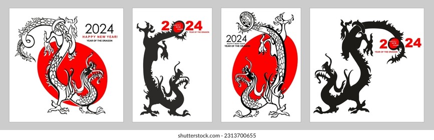  2024 Merry Christmas and Happy New Year Set of greeting cards, posters, holiday covers. Element design for chinese lunar zodiac collection. China lunar calendar animal, 2024 New year. Vector 