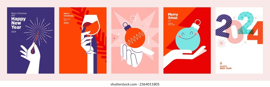 2024 Feliz Navidad y Feliz Año Nuevo juego de tarjetas de felicitación. Conceptos de ilustración vectorial para fondo, tarjeta de saludo, tarjeta de invitación del partido, banner de sitio web, banner de medios sociales, material de marketing.