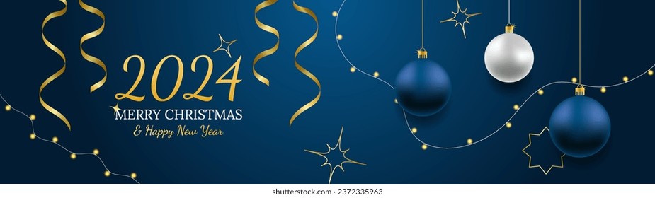 2024 Merry Christmas and Happy New Year vector banner. Realistic rose gold and blue baubles, snowflakes hanging on dark blue background with realistic garland and confetti