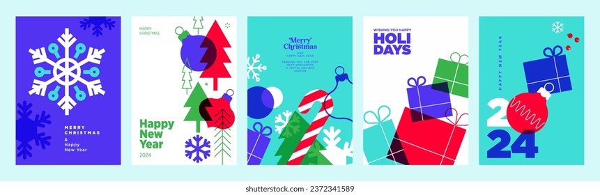 2024 Merry Christmas and Happy New Year greeting cards templates. Vector illustrations for background, greeting card, party invitation card, website banner, social media banner, marketing material.