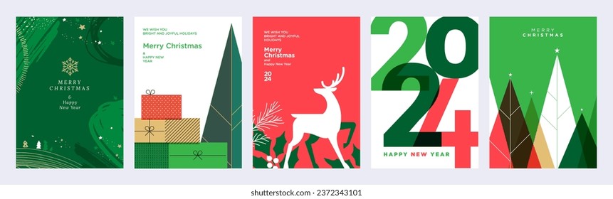 2024 Merry Christmas and Happy New Year greeting cards templates. Vector illustrations for background, greeting card, party invitation card, website banner, social media banner, marketing material.