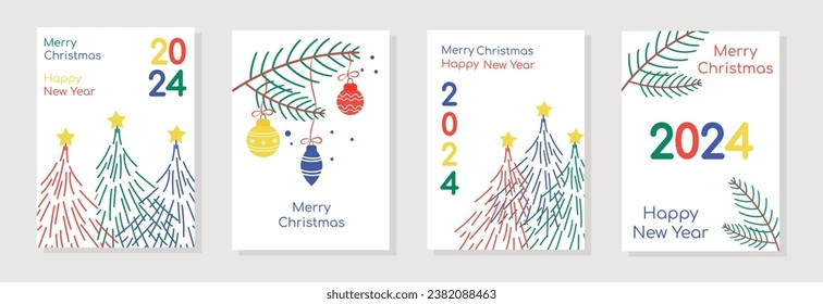 2024.Set Merry Christmas and Happy New Year. Backgrounds, greeting card, poster, holiday cover. Set of Christmas templates with typography and seasonal wishes in a modern minimalist style for web