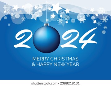 2024 Merry Christmas and Happy New Year blue greeting card with bauble and snowflakes vector illustration. New Year Christmas background with falling snowflakes and blue ball vector