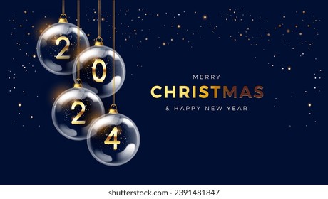 2024 Merry Christmas Happy New Year elegant gold and blue design. Golden 2024 numbers in glass Christmas balls hang on ribbon. Realistic 3d vector illustration