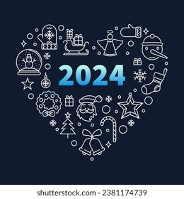 2024 Merry Christmas Heart creative poster or banner in thin line style. Vector Happy 2024 New Year heart-shaped illustration